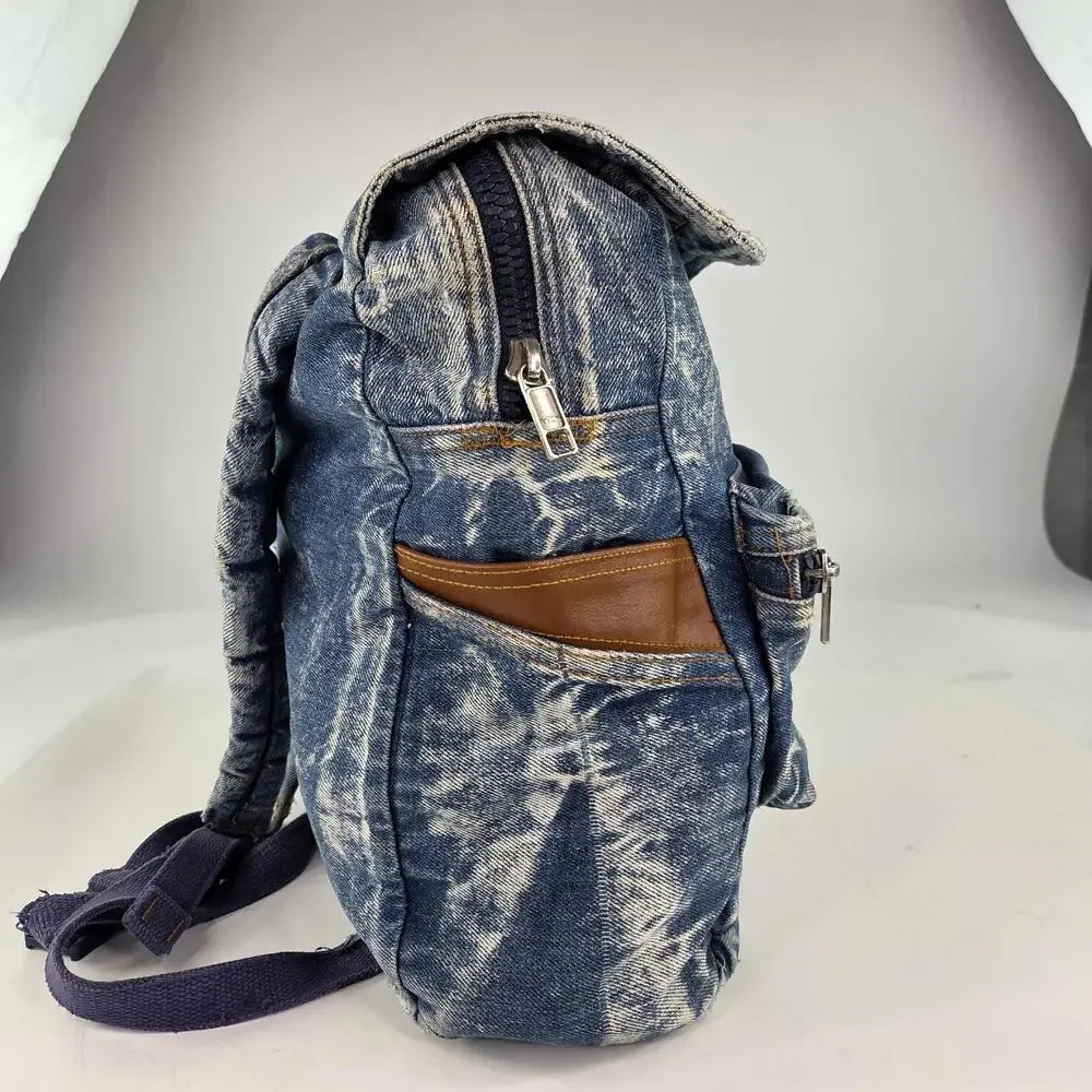 Vintage Class Act 90s Blue Stone Washed Thick Denim Zip Niche Design Backpacks - Picture 5 of 13